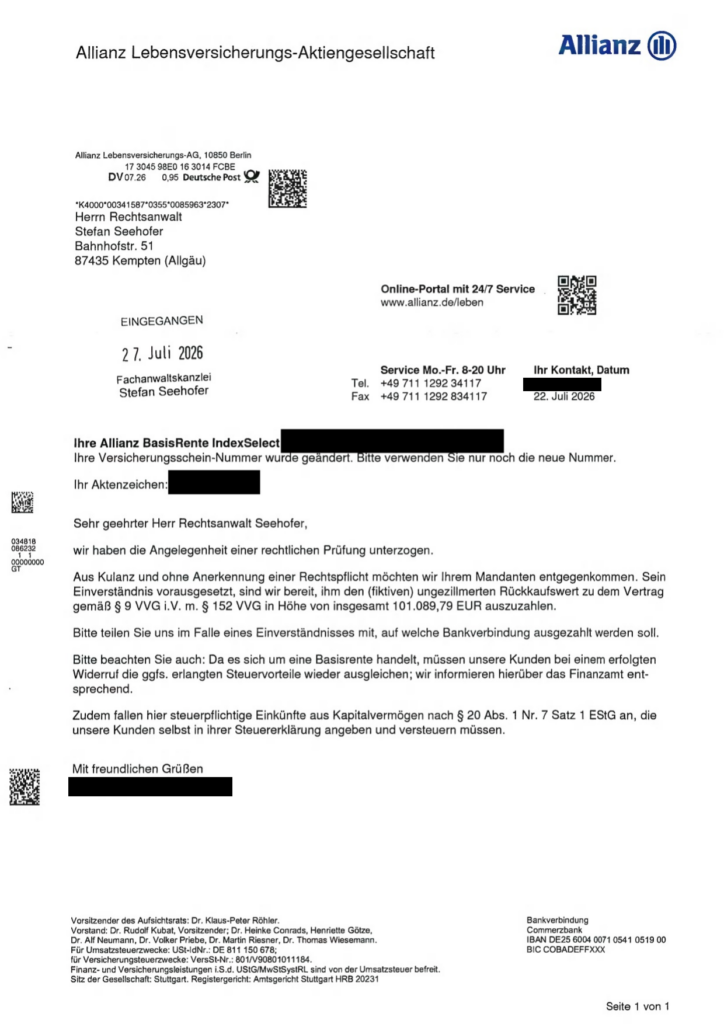 Allianz BasisRente IndexSelect aus dem Jahr 2012 – Schreiben der Versicherung