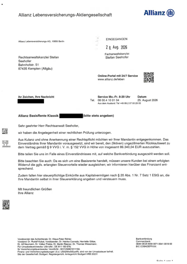 Allianz BasisRente Klassik aus dem Jahr 2010 – Schreiben der Versicherung