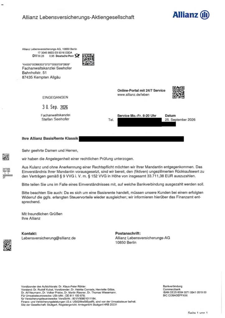 Allianz BasisRente Klassik aus dem Jahr 2011 – Schreiben der Versicherung