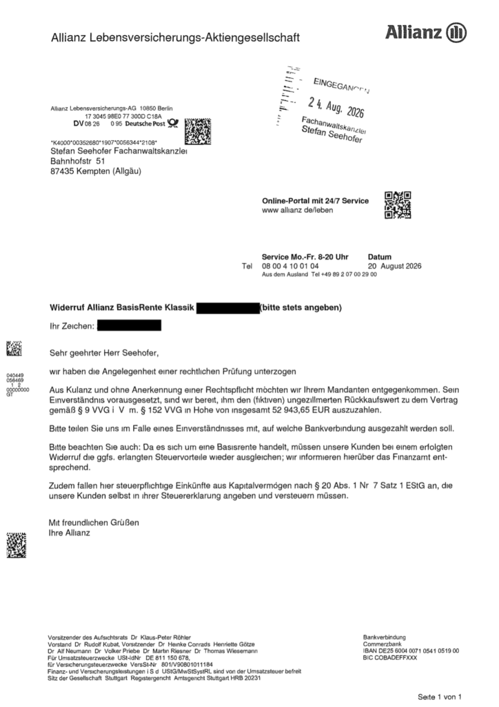 Allianz BasisRente Klassik vom August 2008 – Schreiben der Versicherung
