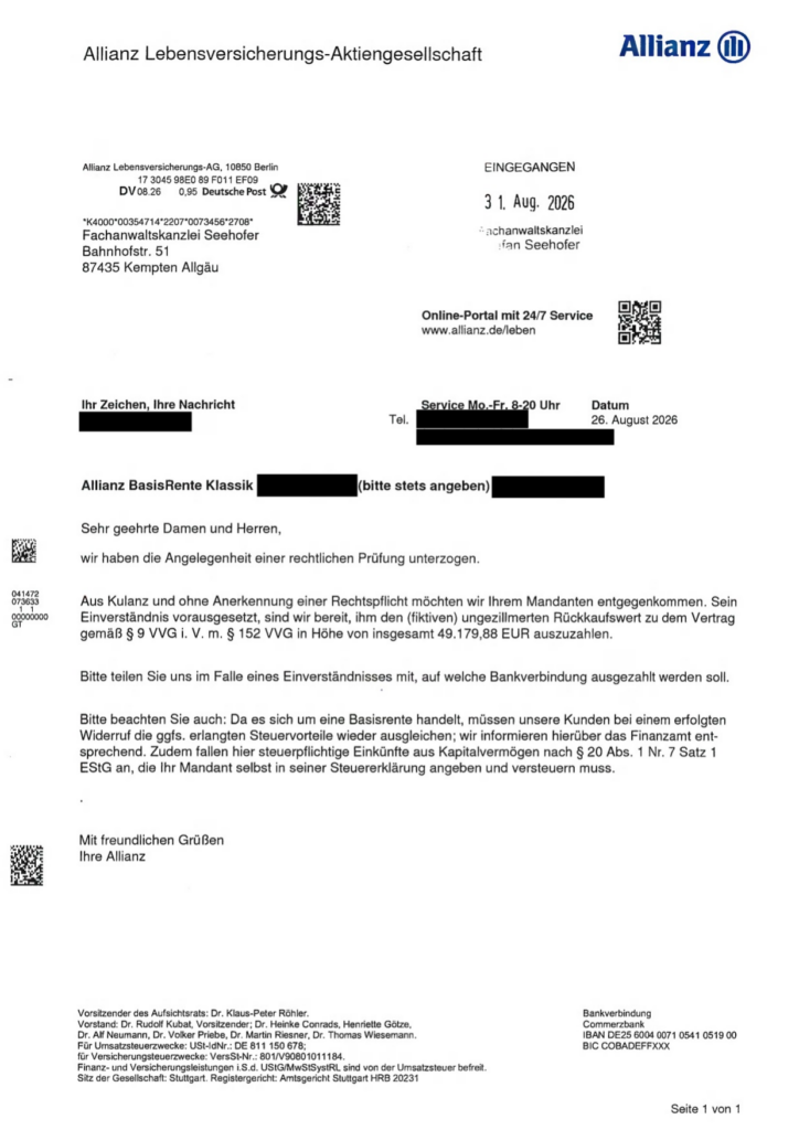 Allianz BasisRente Klassik vom November 2012 – Schreiben der Versicherung