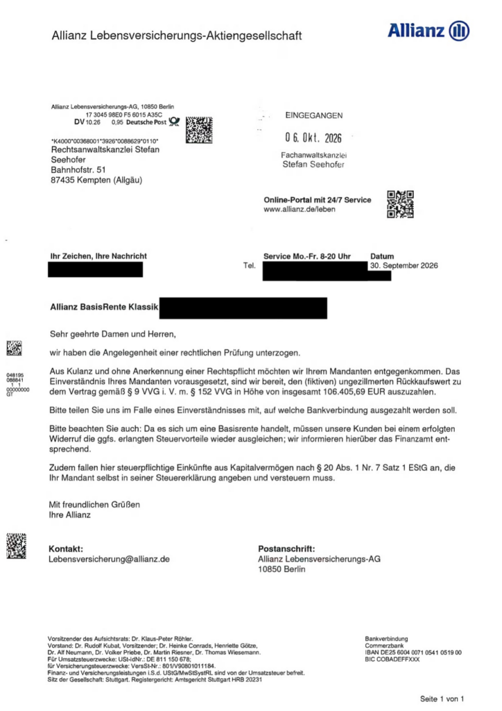 Allianz BasisRente Klassik von 2008 – Schreiben der Versicherung