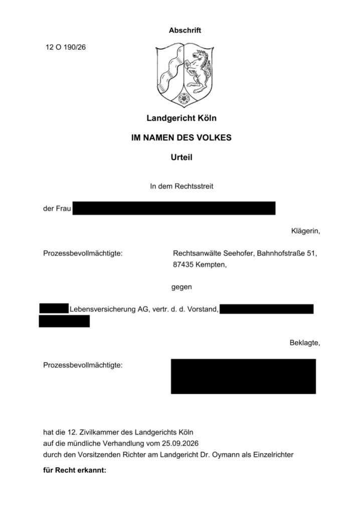 HDI Lebensversicherung AG – Schreiben der Versicherung