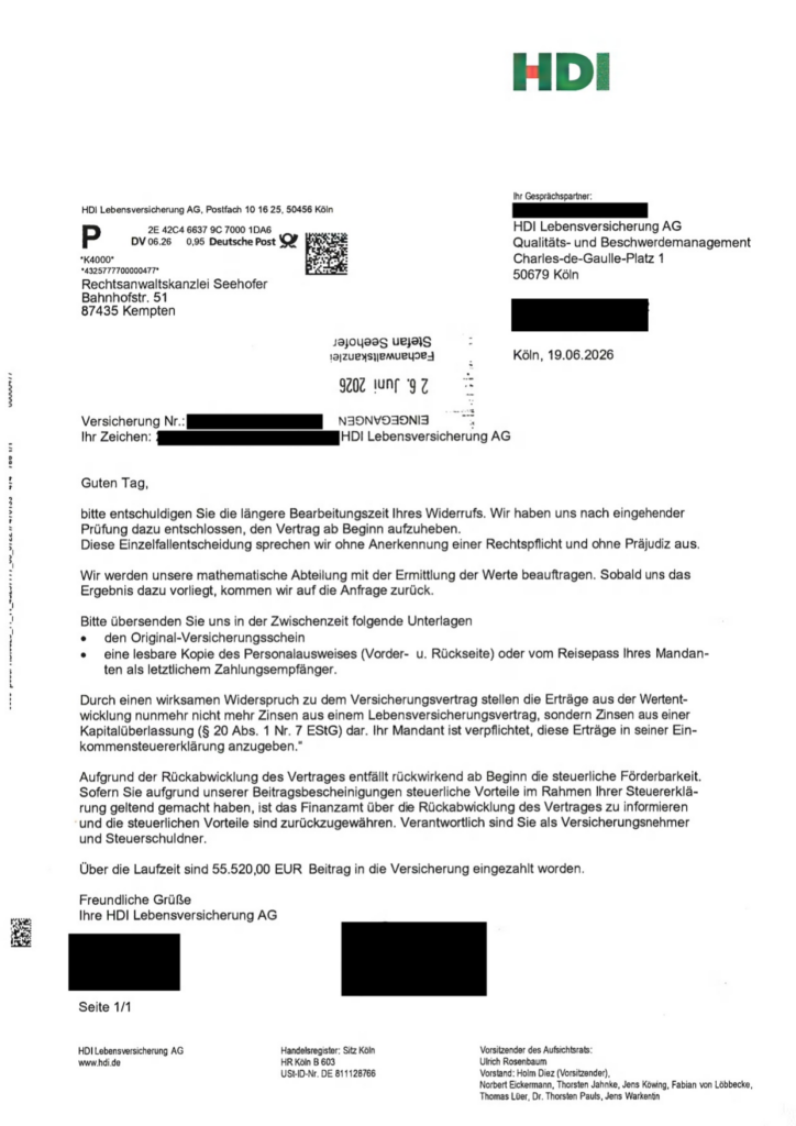 HDI „TwoTrust Basisrente“ aus dem Jahr 2009 – Schreiben der Versicherung