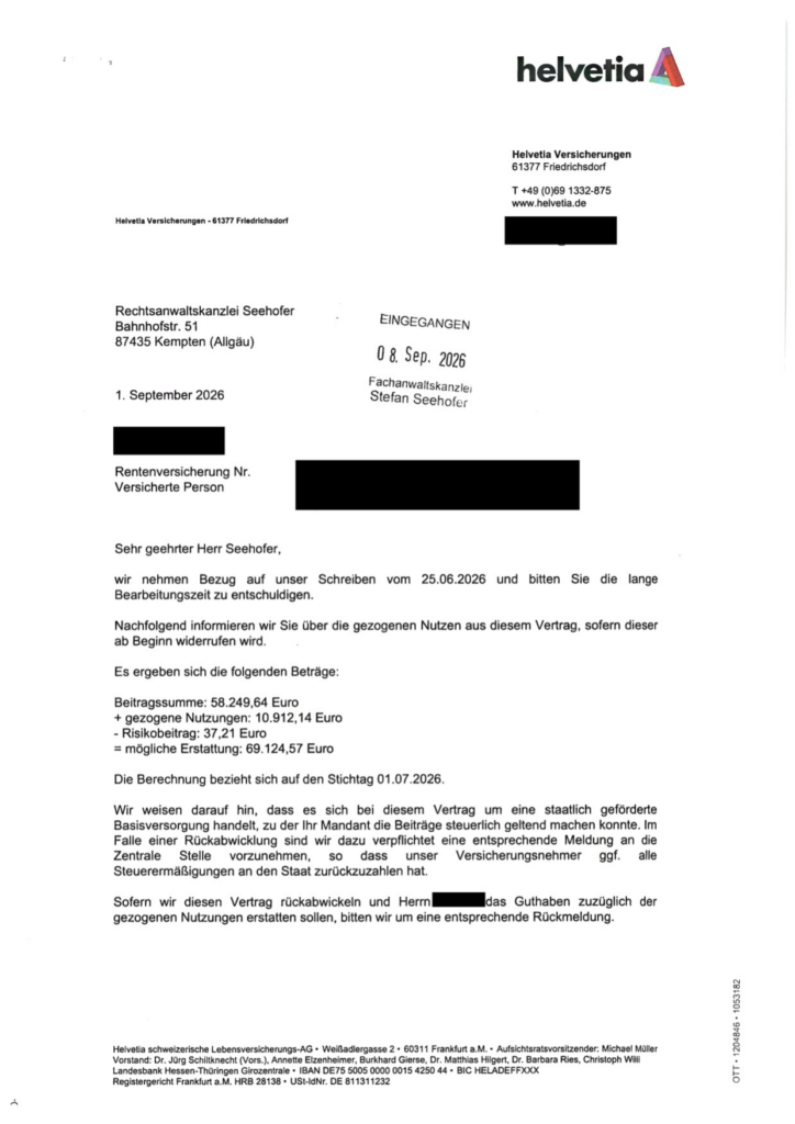HELVETIA schweizerische Lebensversicherung-AG – Schreiben der Versicherung