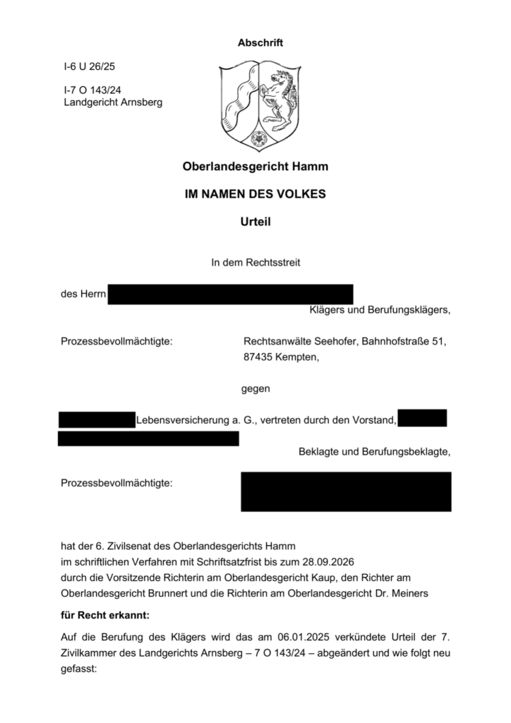 Signal Iduna Lebensversicherung – Schreiben der Versicherung