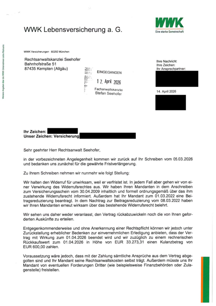 WWK BasisRente Invest aus dem Jahr 2009 – Schreiben der Versicherung